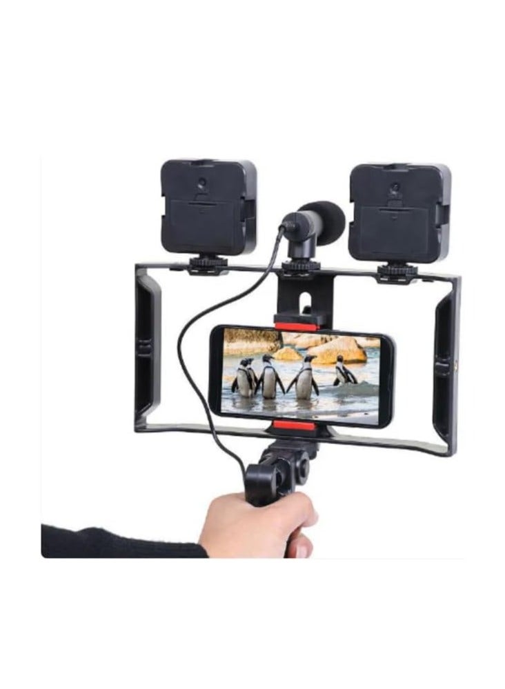 5-in-1 Video Camera Rig with Grip Handle, Microphone & LED Light Kit – U-Shaped Stabilizer Frame with Dual Lights & Phone Mount – Black/Red - Image 1