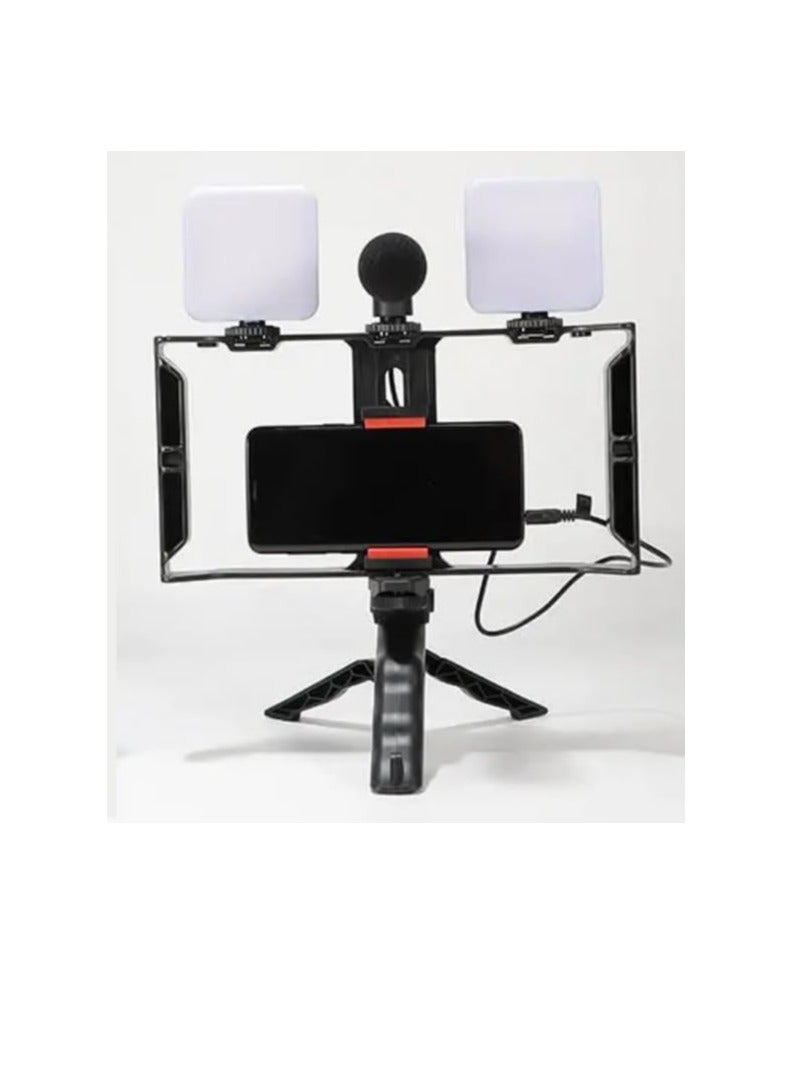 5-in-1 Video Camera Rig with Grip Handle, Microphone & LED Light Kit – U-Shaped Stabilizer Frame with Dual Lights & Phone Mount – Black/Red - Image 4