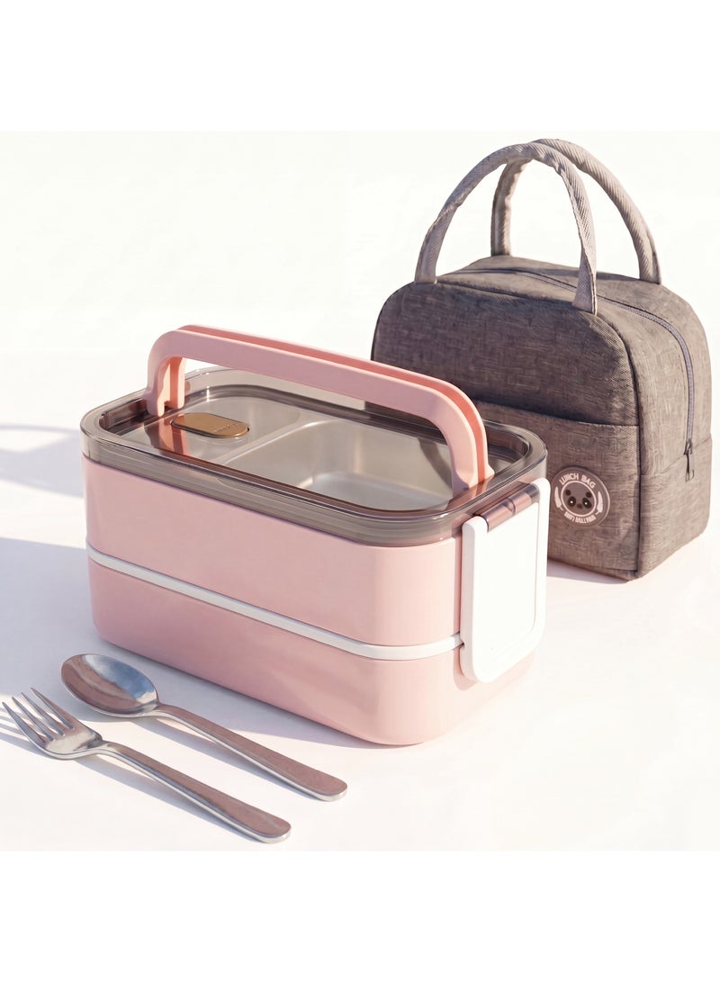 Adando Stainless Steel Lunch Box -1400ml Double Layer Microwave-Safe Bento Containers - 304 Bento box Insulated Leakproof - Insulated Lunch Box Ideal for Adults Office Students School- with Thermal Bag & Cutlery - Image 1