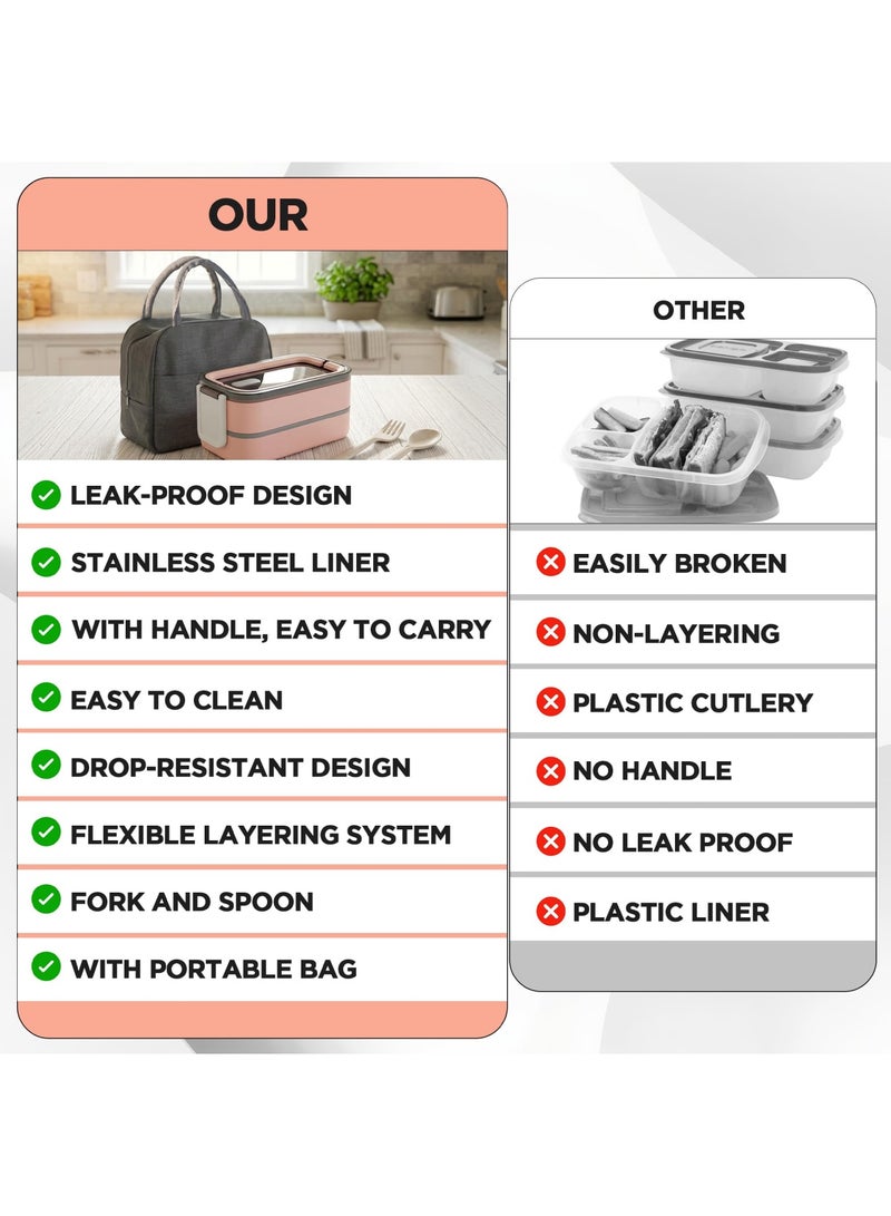 Adando Stainless Steel Lunch Box -1400ml Double Layer Microwave-Safe Bento Containers - 304 Bento box Insulated Leakproof - Insulated Lunch Box Ideal for Adults Office Students School- with Thermal Bag & Cutlery - Image 5