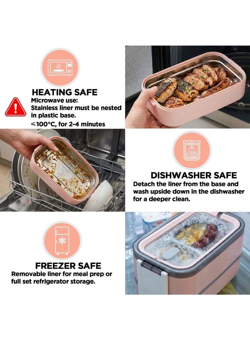 Adando Stainless Steel Lunch Box -1400ml Double Layer Microwave-Safe Bento Containers - 304 Bento box Insulated Leakproof - Insulated Lunch Box Ideal for Adults Office Students School- with Thermal Bag & Cutlery - Image 3
