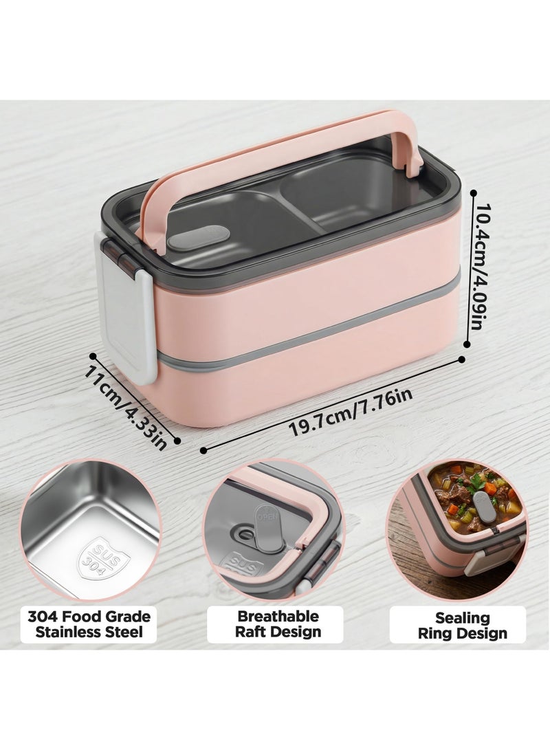 Adando Stainless Steel Lunch Box -1400ml Double Layer Microwave-Safe Bento Containers - 304 Bento box Insulated Leakproof - Insulated Lunch Box Ideal for Adults Office Students School- with Thermal Bag & Cutlery - Image 4