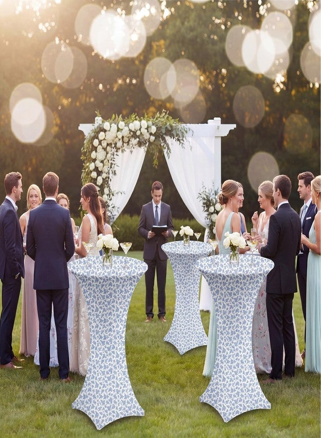 Mindsoft 2 Pcs 32''x43'' Blue Floral Highboy Spandex Cocktail Table Cover Fitted Stretch Cocktail Tablecloth Blue&White Porcelain Spandex High Top Table Cover for Wedding Birthday Graduation Party - Image 5