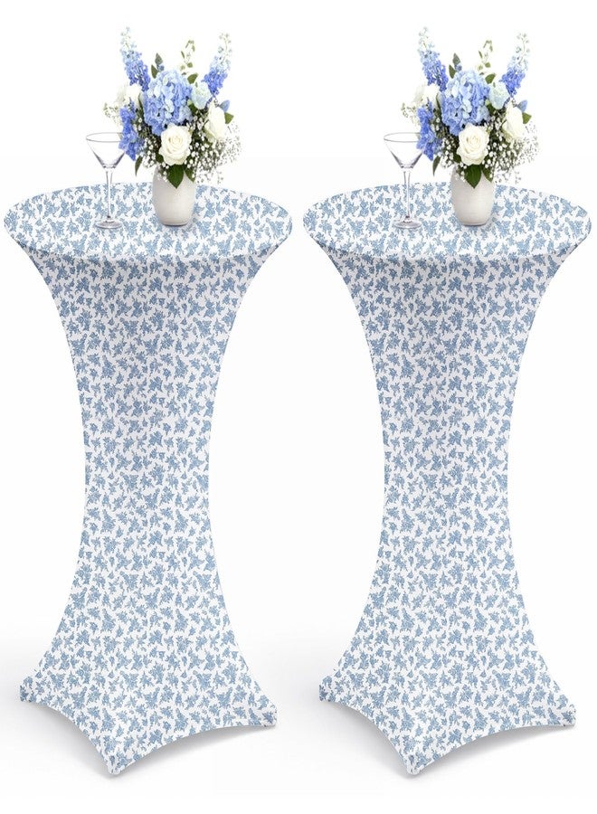 Mindsoft 2 Pcs 32''x43'' Blue Floral Highboy Spandex Cocktail Table Cover Fitted Stretch Cocktail Tablecloth Blue&White Porcelain Spandex High Top Table Cover for Wedding Birthday Graduation Party - Image 1