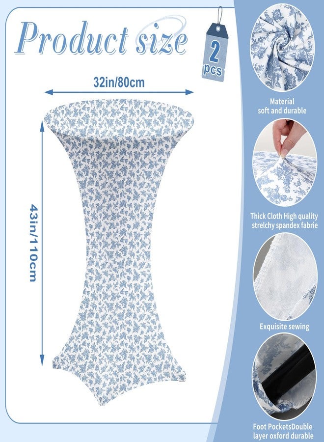 Mindsoft 2 Pcs 32''x43'' Blue Floral Highboy Spandex Cocktail Table Cover Fitted Stretch Cocktail Tablecloth Blue&White Porcelain Spandex High Top Table Cover for Wedding Birthday Graduation Party - Image 2