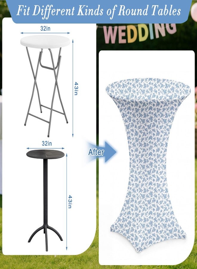 Mindsoft 2 Pcs 32''x43'' Blue Floral Highboy Spandex Cocktail Table Cover Fitted Stretch Cocktail Tablecloth Blue&White Porcelain Spandex High Top Table Cover for Wedding Birthday Graduation Party - Image 3