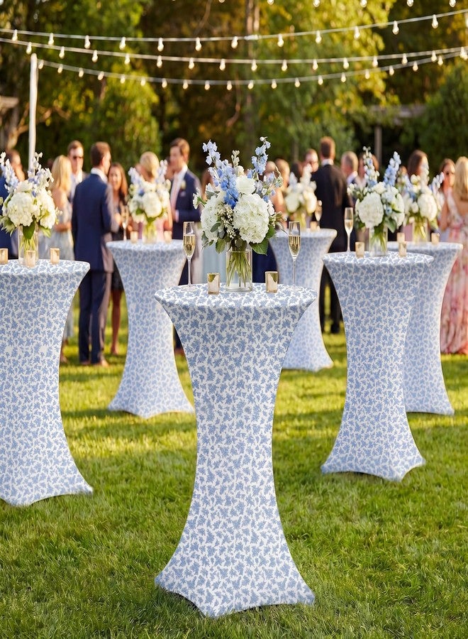 Mindsoft 2 Pcs 32''x43'' Blue Floral Highboy Spandex Cocktail Table Cover Fitted Stretch Cocktail Tablecloth Blue&White Porcelain Spandex High Top Table Cover for Wedding Birthday Graduation Party - Image 4