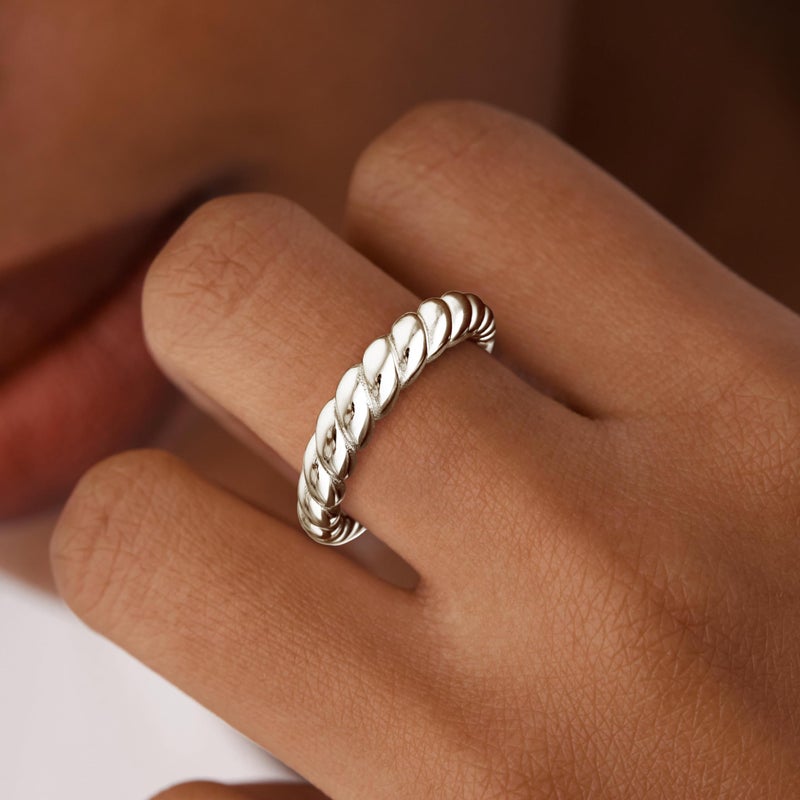 Poxtex Silver Chunky Rings for Women, Stacking Statement Wedding Band Jewelry, Stainless Steel Twist Rings Non Tarnish Size 8 - Image 2