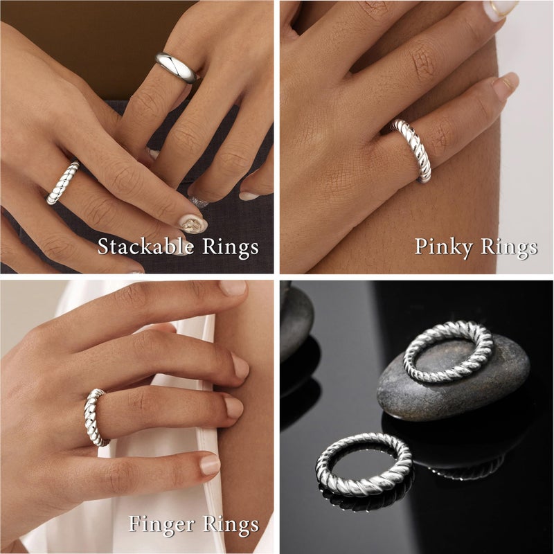 Poxtex Silver Chunky Rings for Women, Stacking Statement Wedding Band Jewelry, Stainless Steel Twist Rings Non Tarnish Size 8 - Image 4