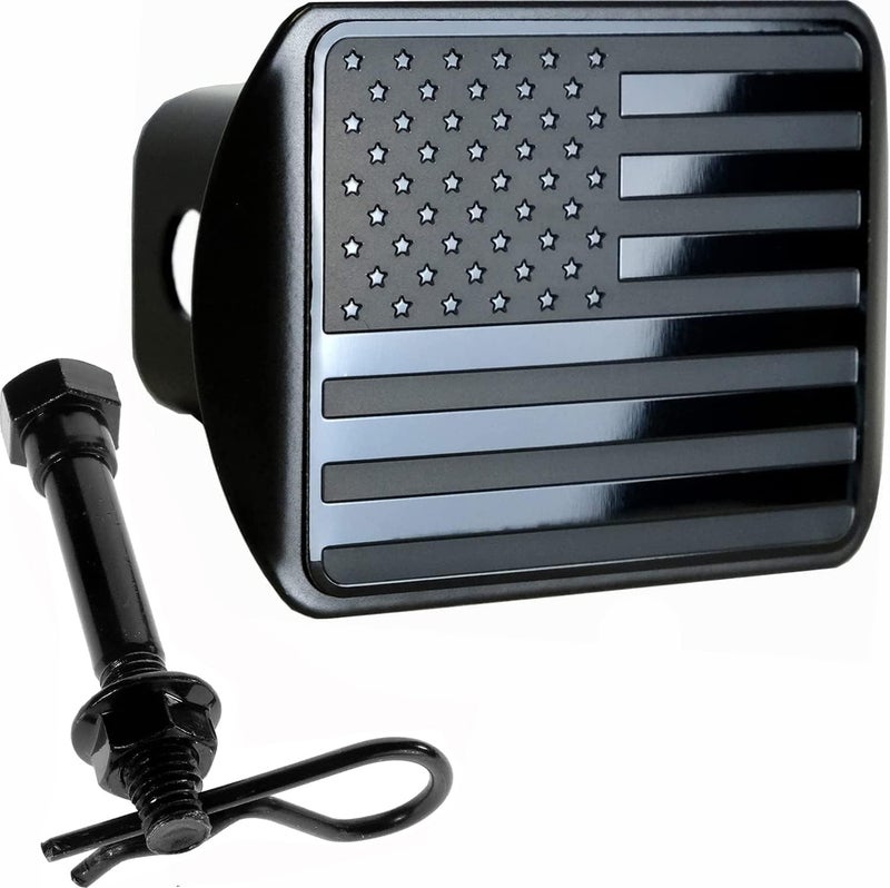 eVerHITCH USA Stainless Steel Flag Emblem Metal Hitch Cover with Pin Bolt (Fits 2" Receivers, Black) - Image 1