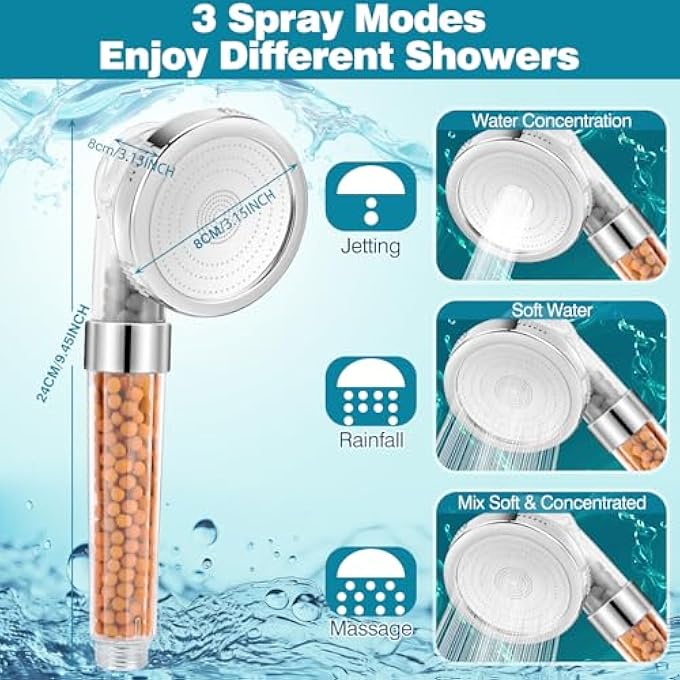 Filter Shower Head 3 Spray Modes Handheld Showerhead High Pressure Water Saving with 2 Packs Filtering Stones for Hair Loss Women Men - Image 2