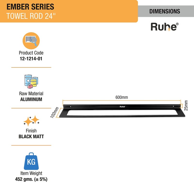 Ruhe® Ember Series Towel Rod | Space Aluminium Wall Mounted Towel Rod/Towel Rail for Bathroom | Black Matt Finish - Image 2