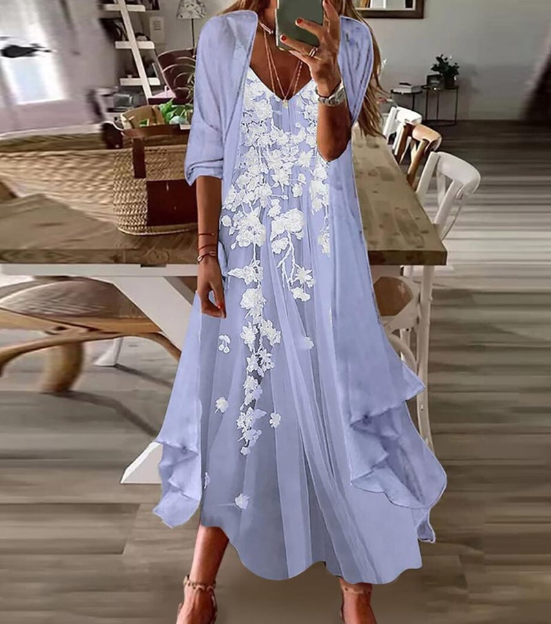 2024 Summer Floral Maxi Dress Two-Piece Set Lake Blue