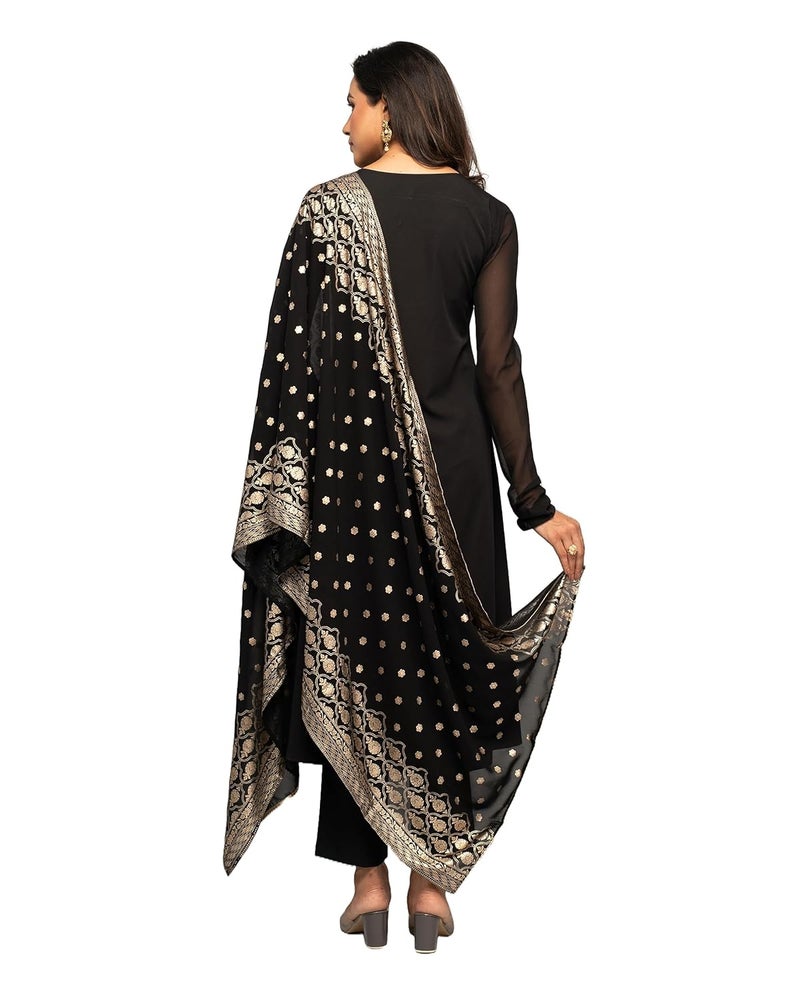 FIORRA Women's Black Crepe A-line Kurta with Pant and Dupatta - Image 4