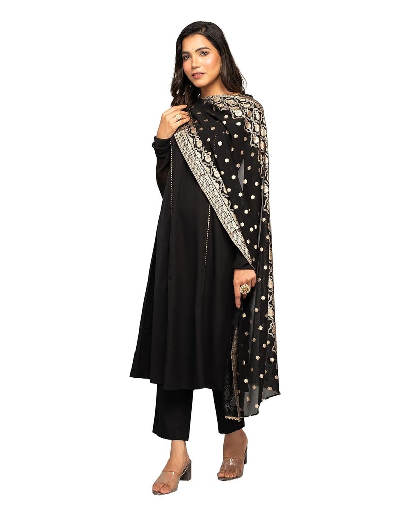 FIORRA Women's Black Crepe A-line Kurta with Pant and Dupatta - Image 3