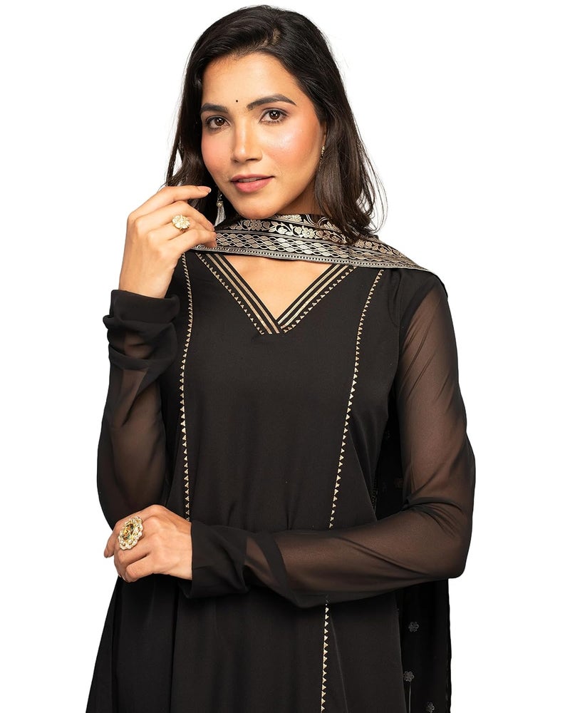 FIORRA Women's Black Crepe A-line Kurta with Pant and Dupatta - Image 5