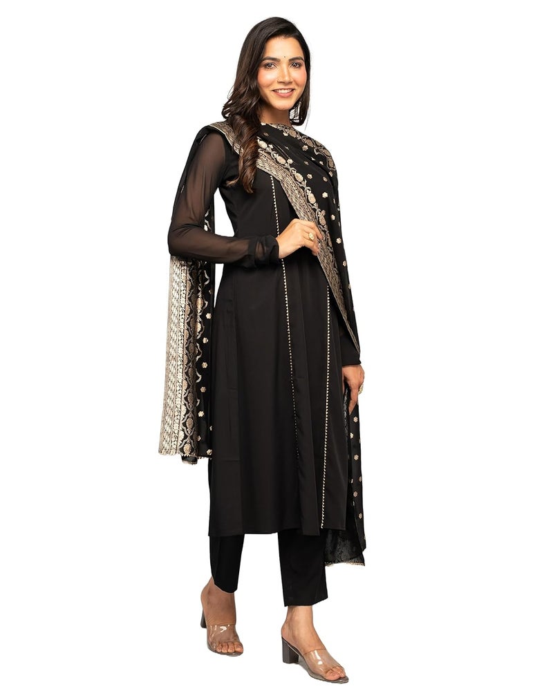 FIORRA Women's Black Crepe A-line Kurta with Pant and Dupatta - Image 2