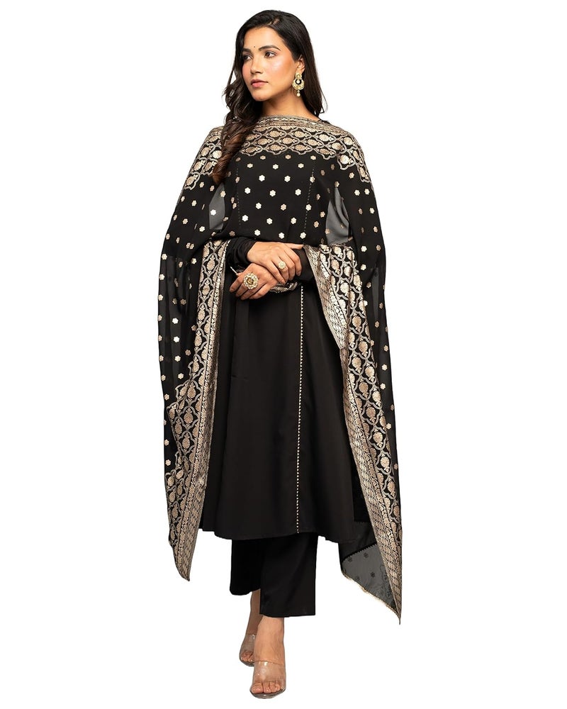 FIORRA Women's Black Crepe A-line Kurta with Pant and Dupatta - Image 1