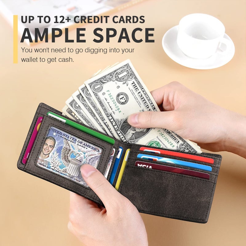 RUNBOX Slim Wallet for Men with Bill Compartment Leather Bifold RFID Blocking with Gift Box Gray - Image 2