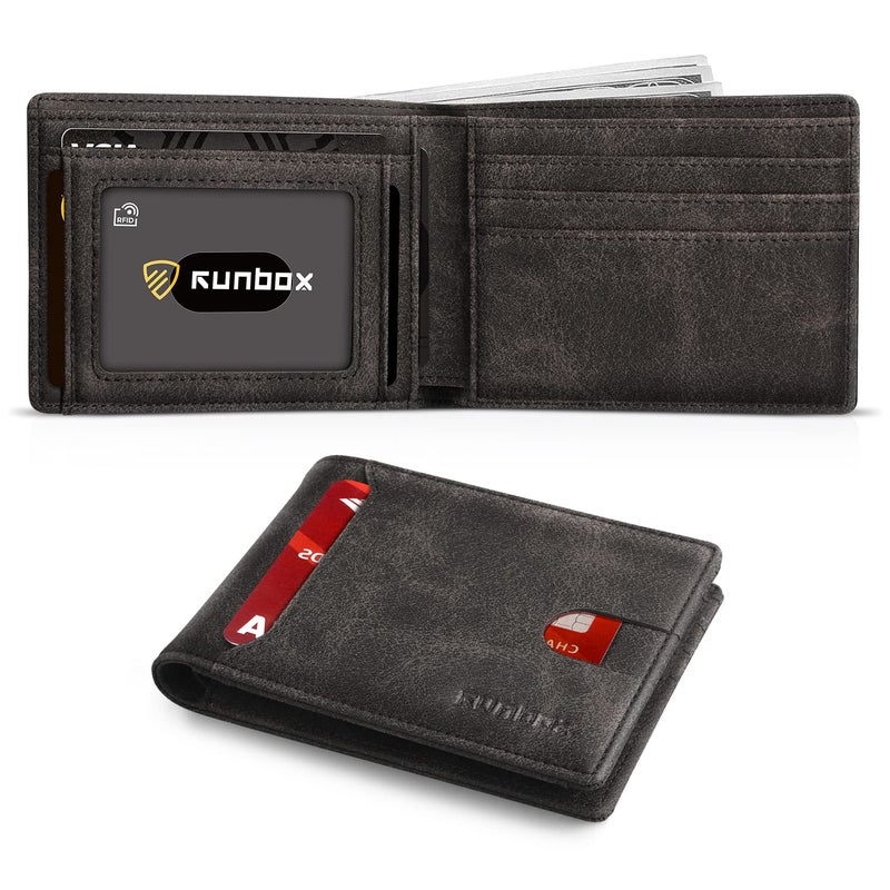 RUNBOX Slim Wallet for Men with Bill Compartment Leather Bifold RFID Blocking with Gift Box Gray - Image 1
