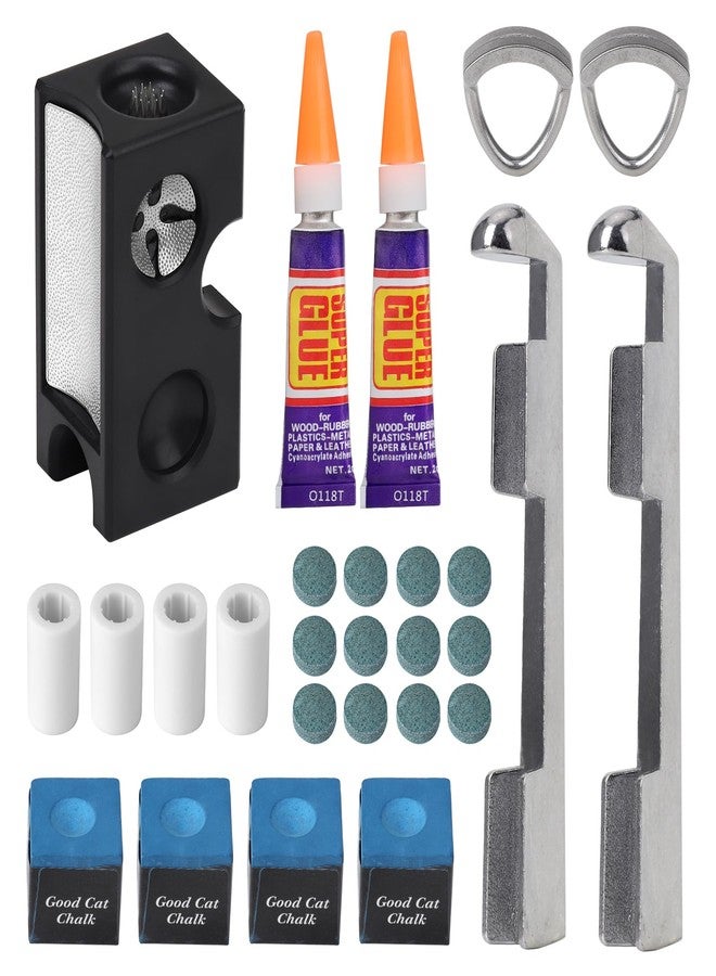 Oztwel 25pcs Pool Cue Repair Kit: 1 8in1 Pool Cue Tips Repair Tool 2 Pool Cue Tip Clamp 12 Billiard Cue Tips 4 Ferrules 4 Chalk Cubes - Image 1