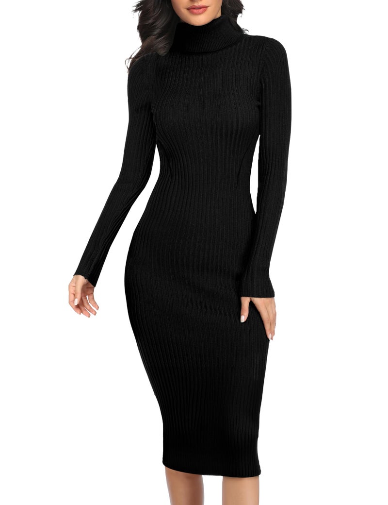 v28 Women Long Turtleneck Knit Stretchable Elasticity Long Sleeve Slim Fit Sweater Dress(2X,Black) - Image 1