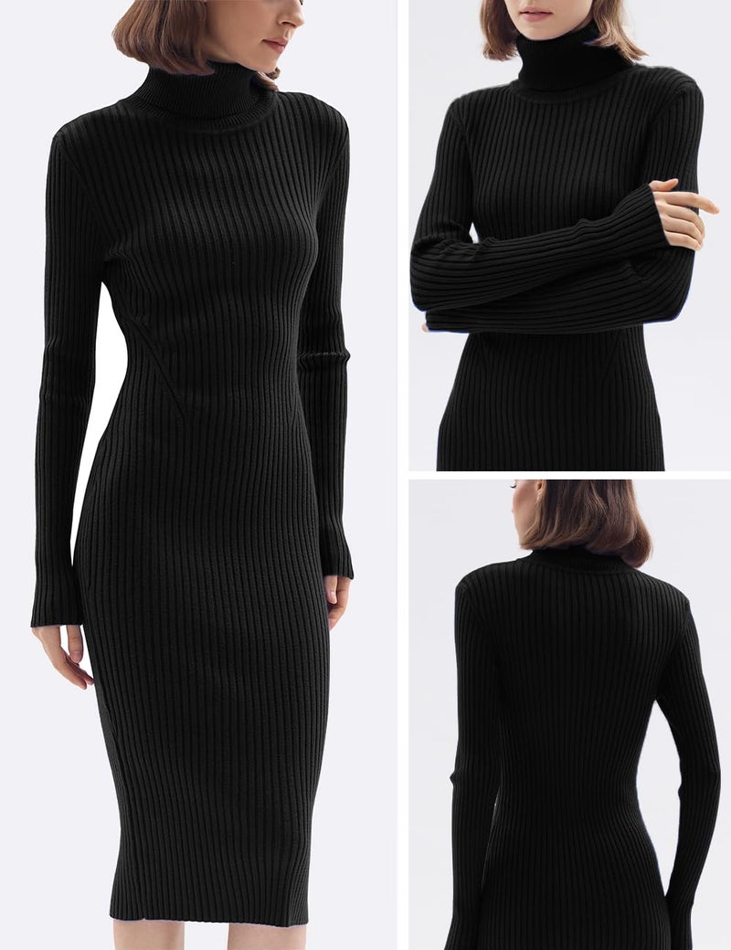 v28 Women Long Turtleneck Knit Stretchable Elasticity Long Sleeve Slim Fit Sweater Dress(2X,Black) - Image 4