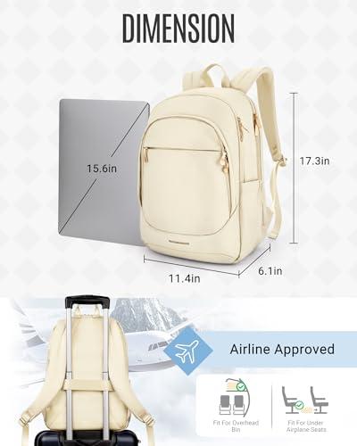 LIGHT FLIGHT Travel Laptop Backpack for Women, 15.6 Inch Backpack with USB Charging Hole, Water Resistant College Bookbag, Large Capacity Black Computer Backpacks for Work, Warm Beige - Image 4