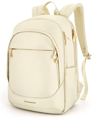 LIGHT FLIGHT Travel Laptop Backpack for Women, 15.6 Inch Backpack with USB Charging Hole, Water Resistant College Bookbag, Large Capacity Black Computer Backpacks for Work, Warm Beige - Image 1