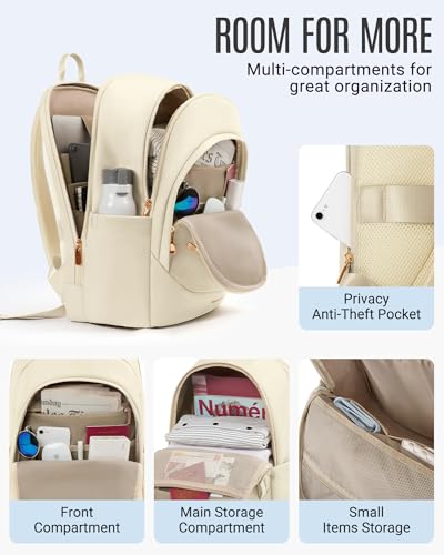 LIGHT FLIGHT Travel Laptop Backpack for Women, 15.6 Inch Backpack with USB Charging Hole, Water Resistant College Bookbag, Large Capacity Black Computer Backpacks for Work, Warm Beige - Image 2