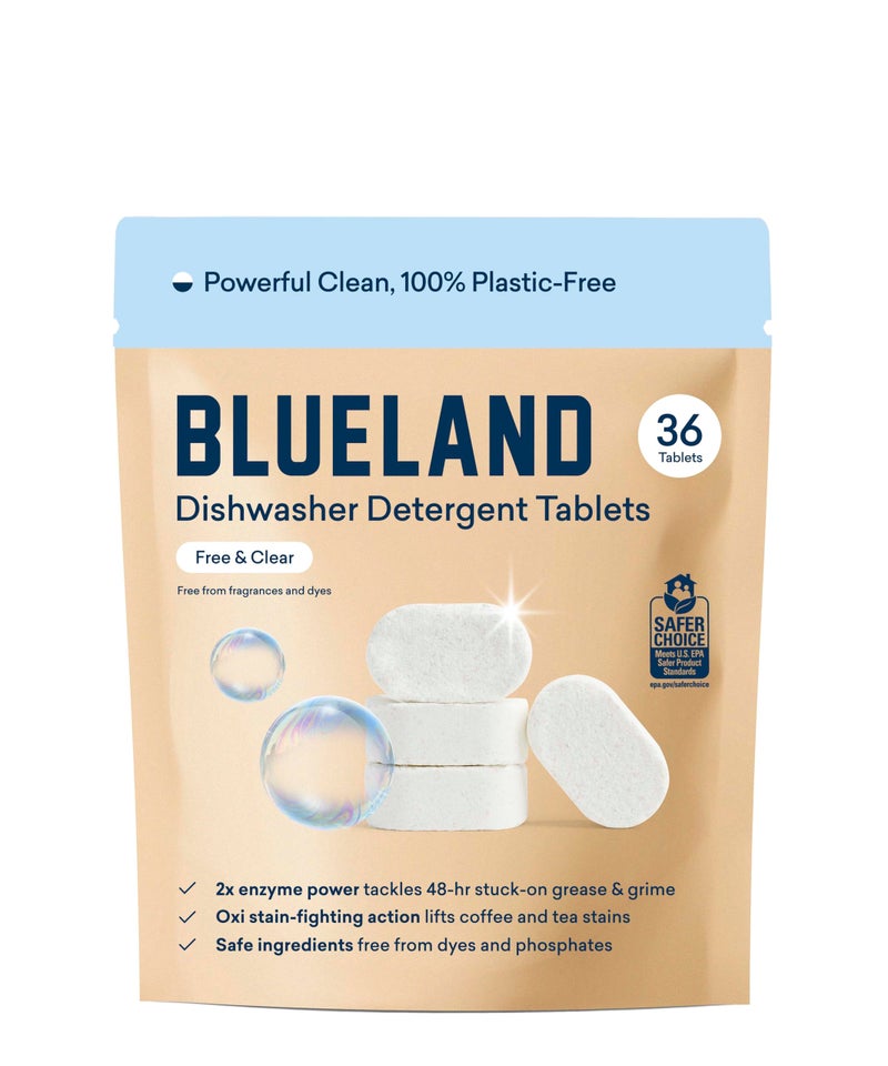 BLUELAND 100% Plastic-Free Dishwasher Detergent Tablets, 36 Count, Free & Clear, Eco-Friendly Dishwashing Pods, Natural, USDA Certified biobased - Image 1
