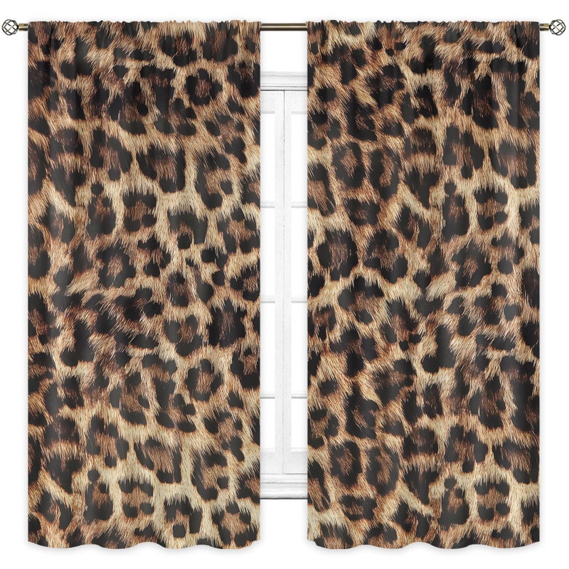 Cinbloo Brown Curtains 42Wx63H Inch Rod Pocket Leopard Print Bedroom Decor for Women Men Wild Safari Animal Skin Pattern Cheetah Fur Retro Wildlife Art Printed Living Room Window Drapes 2 Panels - Image 1