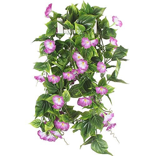 GTIDEA Artificial Vines 2pcs 15Feet Morning Glory Hanging Plants Silk Garland Fake Green Plant Home Garden Wall Fence Stairway Outdoor Wedding Hanging Baskets Decor Purple - Image 1