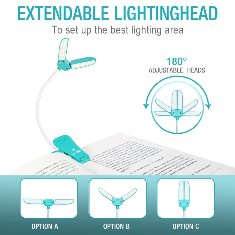 Vekkia 14 LED Rechargeable Book Light for Reading at Night, Eye-Care Reading Light for Books in Bed, 180° Adjustable, Clip on Lamp, 3 Color Temperatures, Lightweight, Present for Reader - Image 5