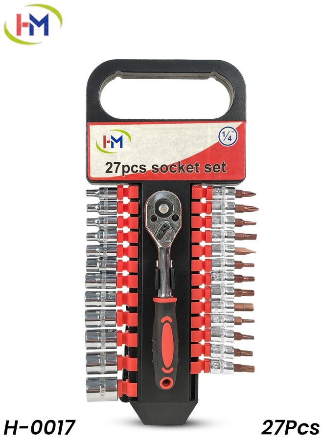 H and M 27PCS Socket Set 1/4" Drive – Ratchet Wrench with Metric Sockets & Bits, Multi-Purpose Hand Tool Kit for Car Repair, Home Maintenance, DIY & Mechanical Work - Image 1