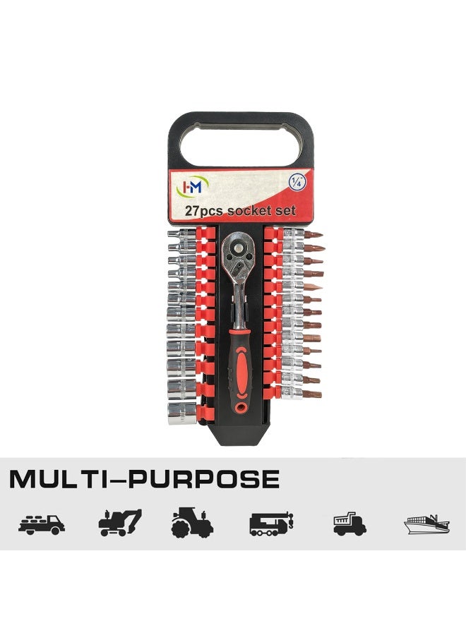H and M 27PCS Socket Set 1/4" Drive – Ratchet Wrench with Metric Sockets & Bits, Multi-Purpose Hand Tool Kit for Car Repair, Home Maintenance, DIY & Mechanical Work - Image 5