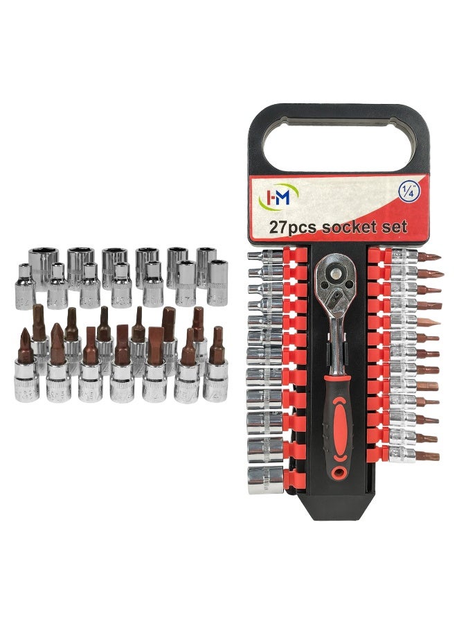 H and M 27PCS Socket Set 1/4" Drive – Ratchet Wrench with Metric Sockets & Bits, Multi-Purpose Hand Tool Kit for Car Repair, Home Maintenance, DIY & Mechanical Work - Image 4