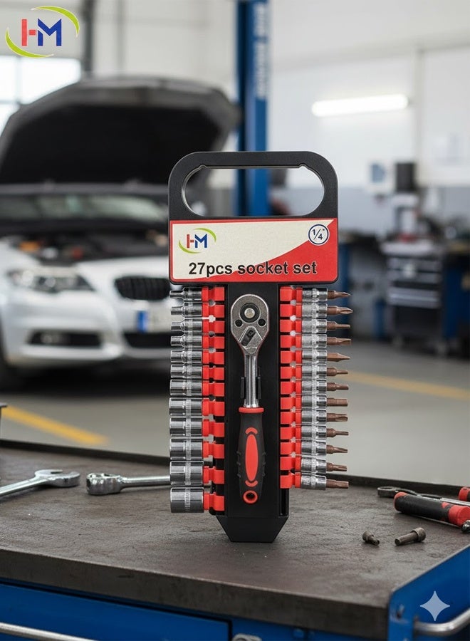 H and M 27PCS Socket Set 1/4" Drive – Ratchet Wrench with Metric Sockets & Bits, Multi-Purpose Hand Tool Kit for Car Repair, Home Maintenance, DIY & Mechanical Work - Image 3