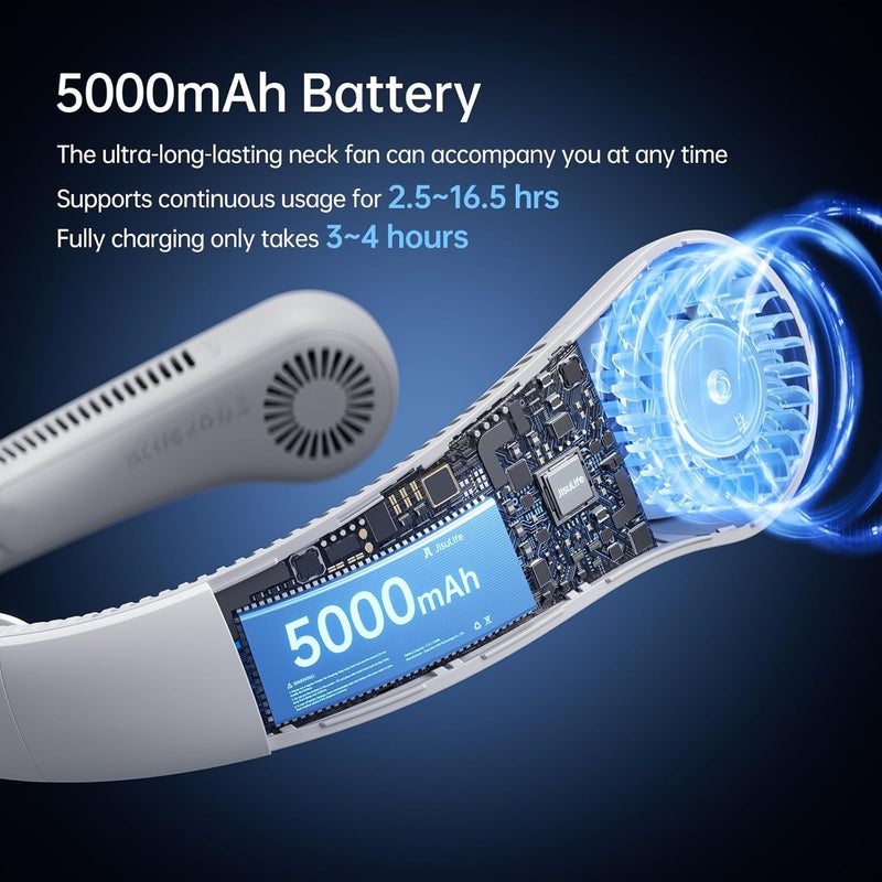 JISULIFE Portable Neck Fan Hands-Free Wearable with 5 Speeds, 5000mAh Bladeless Rechargeable Cooling Fan for Indoor Outdoor, Women Men - Misty Gray - Image 4