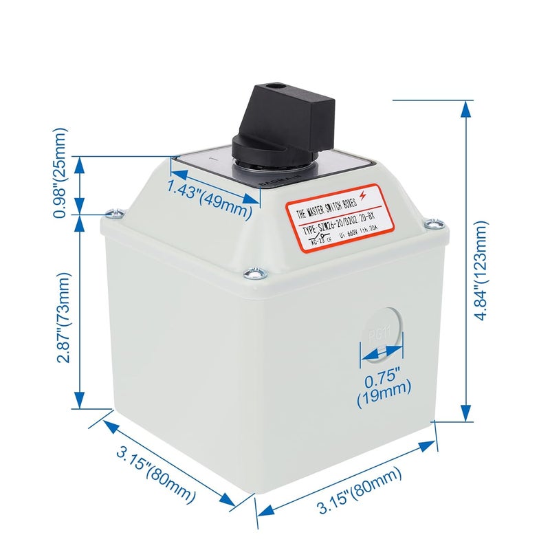 Baomain مفتاح تحويل دوار عالمي SZW26-20/D202.2D-L مع صندوق خارجي رئيسي أوسع وأعلى 660V 20A 3 وضعيات 2 فازة (3.15" × 3.15" × 4.84") - Image 2