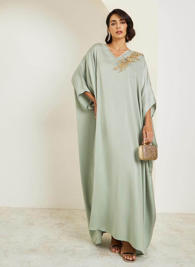 Amirah Women Green Embellished Satin Kaftan - Image 1