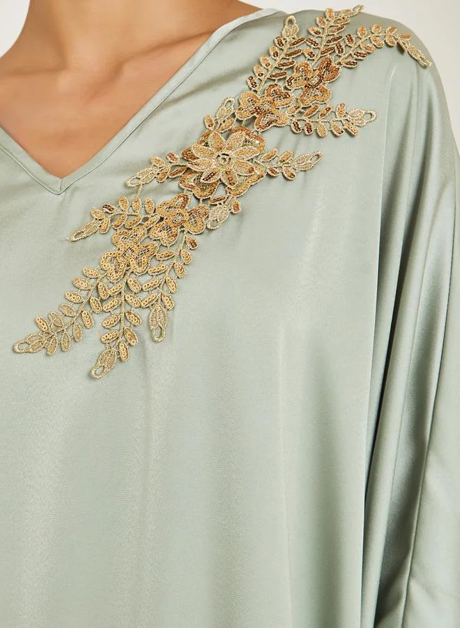 Amirah  Women Green Embellished Satin Kaftan for Women | Best Price UAE