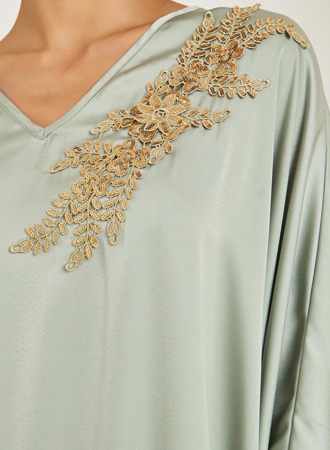Amirah Women Green Embellished Satin Kaftan - Image 4