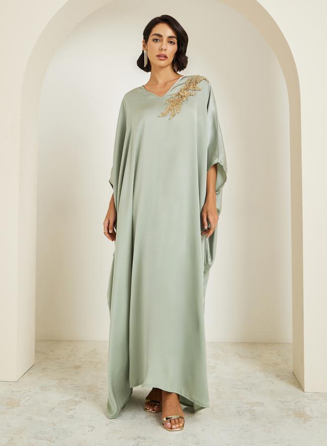 Amirah Women Green Embellished Satin Kaftan - Image 3