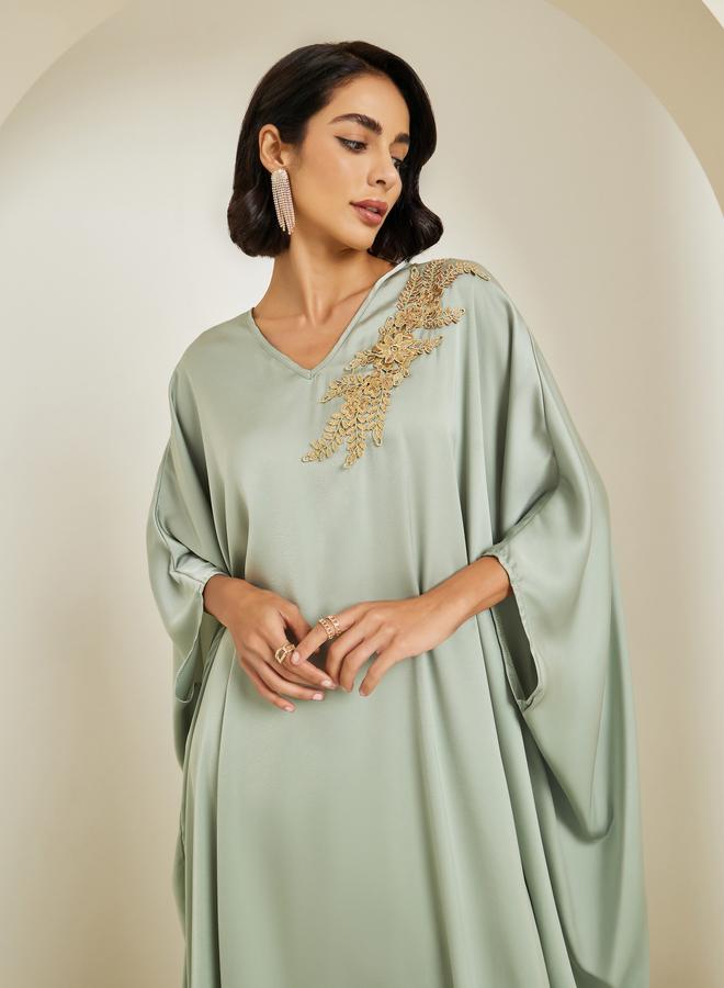 Amirah Women Green Embellished Satin Kaftan - Image 2