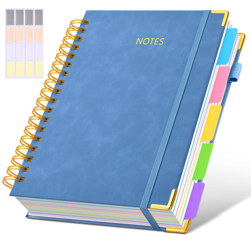 dilitego Hardcover Spiral Notebook Journal with Removable Dividers Tabs, 300 Pages Leather 5 Subject Notebook College Ruled, 8"x10" Large B5 Notebooks for Work School, Lined Journal for Women, Light Blue - Image 1