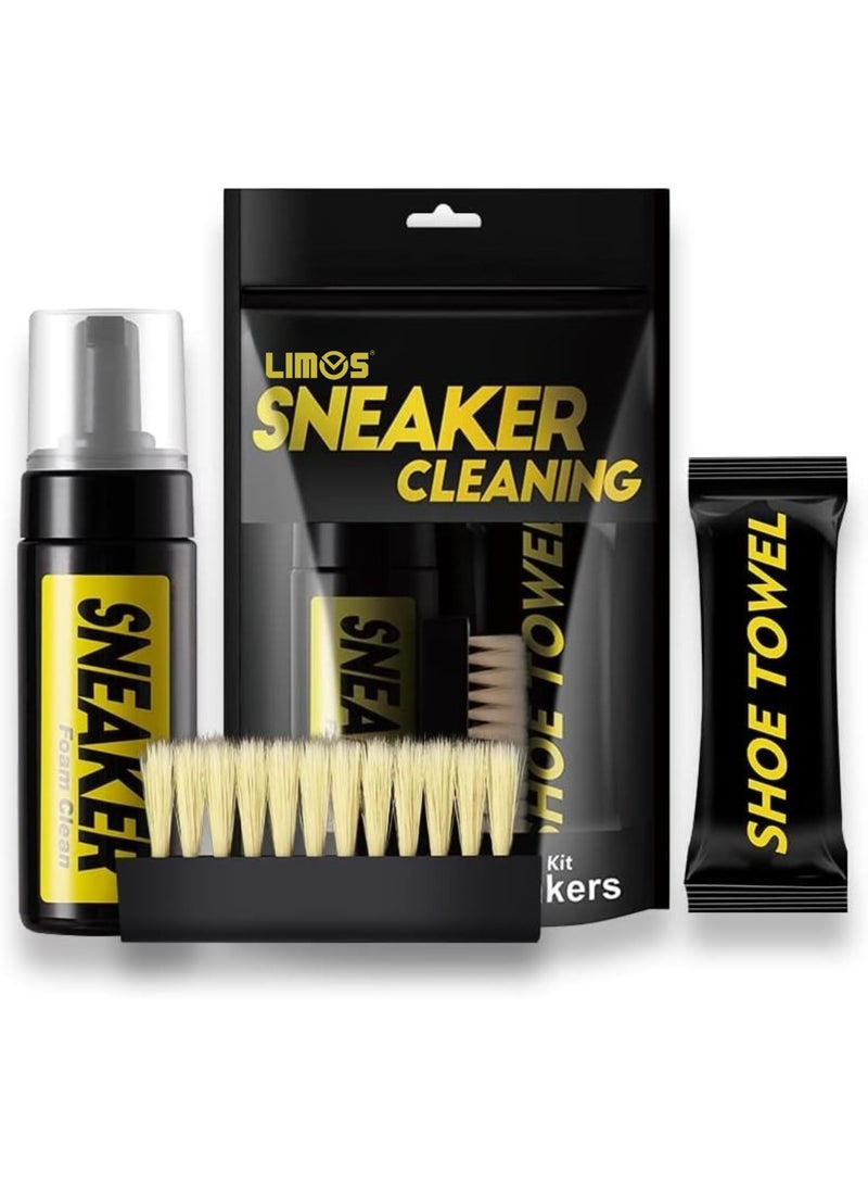 ليموس مجموعة تنظيف الأحذية والأحذية الرياضية - منظف سهل الاستخدام للأحذية الرياضية والرياضية - منظف رغوي للأحذية الرياضية خالٍ من الماء مع فرشاة أحذية وقطعة قماش للأحذية - تصميم سهل الفرك اللطيف - بخاخ مزيل للبقع 3 في 1 سعة 150 مل يزيل الأوساخ والأتربة والأعشاب، للأحذية البيضاء والجلد والشمواه والقماش والبولي يوريثين والأحذية القماشية - Image 1