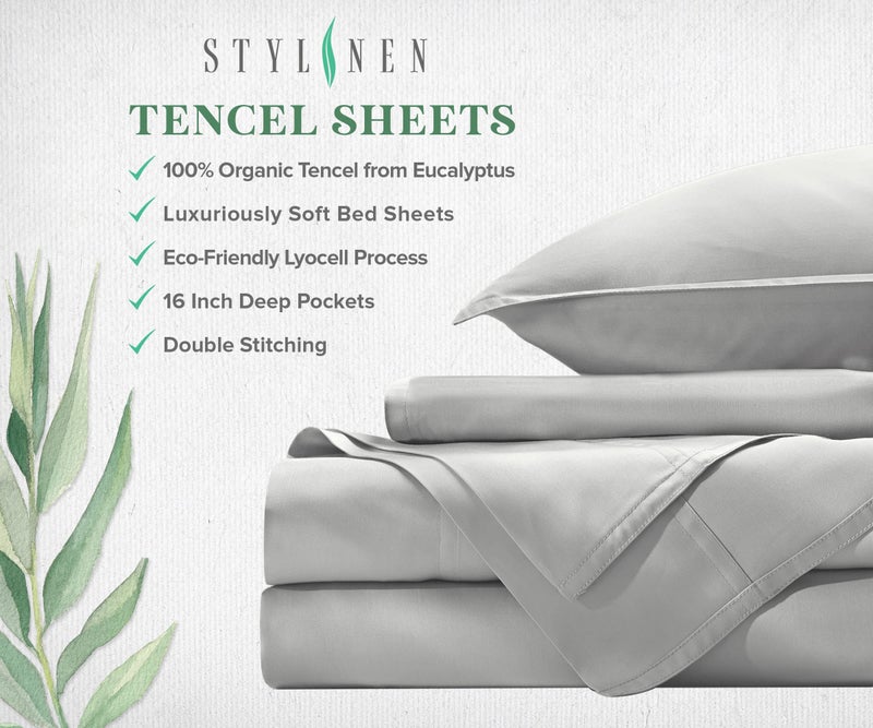 Stylinen 100% Organic Eucalyptus Bed Sheets King Size 4 Piece Set, Tencel Lyocell, Silky Soft & Smooth, Breathable, 16 Inch Deep Pockets, 1 Fitted, 1 Flat, 2 Pillowcases (King, Silver Pearl) - Image 4