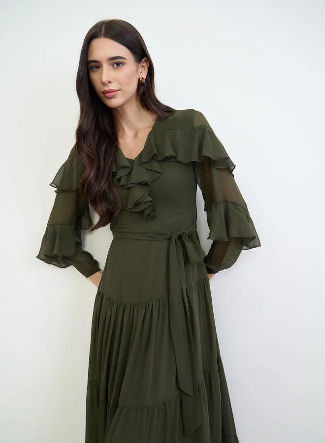 Styli Dark Green Ruffled Tiered Maxi Dress