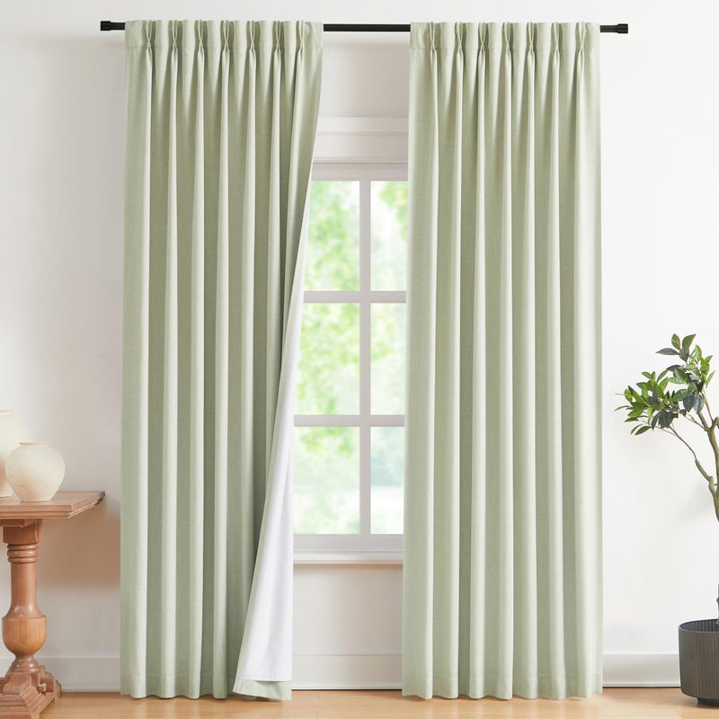 Vision Home Soft Green Pinch Pleated Full Blackout Curtains Linen Blended Room Darkening Curtain Panels 108 inch for Living Room Bedroom Thermal Insulated Pinch Pleat Drapes with Hooks 40" Wx108 Lx2 - Image 2